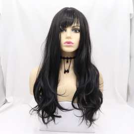 跨境外贸女wigs 高温丝化纤假发自然黑色大波浪斜刘海长卷发头套