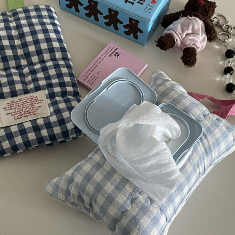 Korean Ins Plaid Quilted Cotton Tissue Storage Home Fabric Decorative Wet Wipes Removable Flip-Top Tissue Box