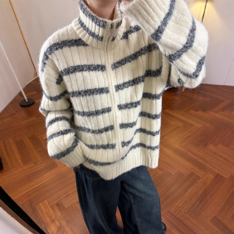 复古慵懒宽松条纹毛衣外套女韩版秋冬新款百搭立领拉链针织开衫潮|undefined