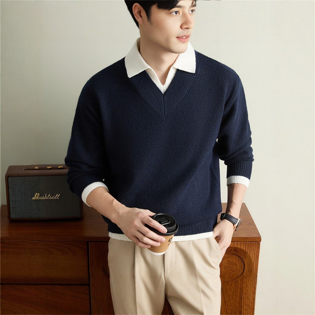 Yingao men's faux two-piece sweater with shirt collar, knitted sweater, winter style, warm, suitable for commuting, old money style, men's base layer sweater