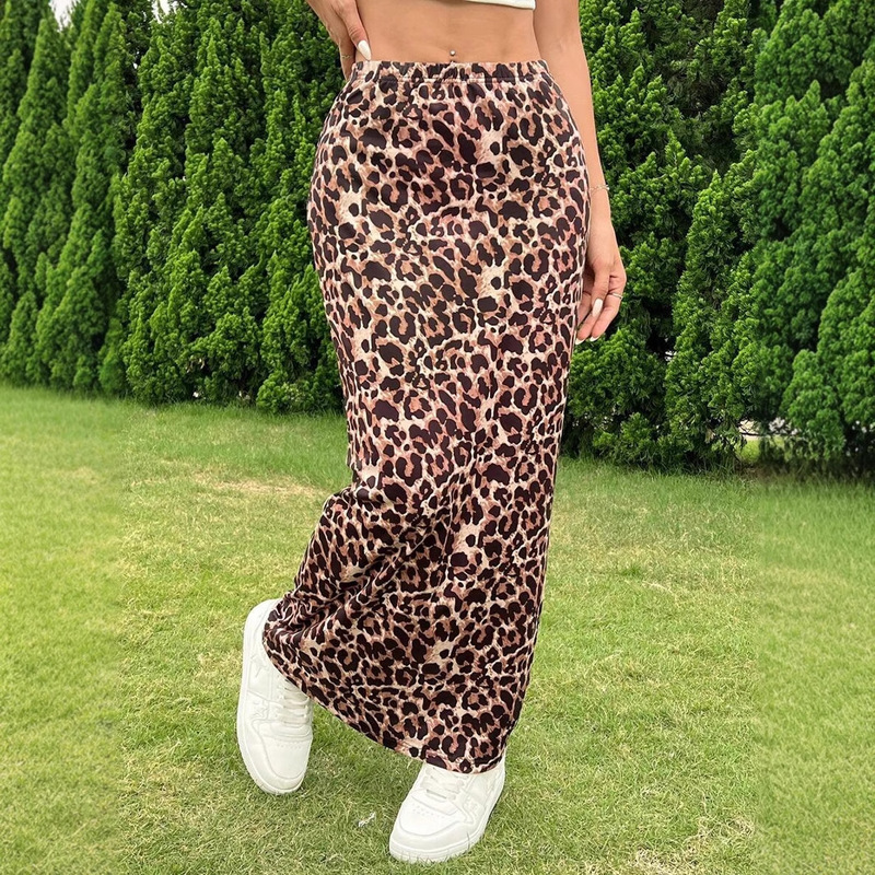 Spring 2025 New Amazon European and American Cross-border High Waist Long Dress Women Leopard Print Knee-length Tight Knitted Dress