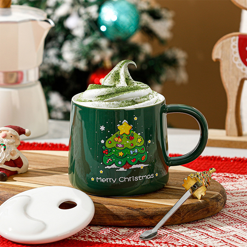 Taza de Navidad con Tapa y Cuchara, Taza de Cerámica para Café y Agua, Regalo Estudiantil Navideño