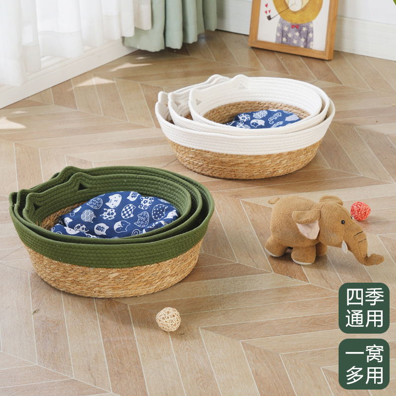 貓抓板貓窩日系夏季蒲草藤編貓窩半封閉草編狗窩清涼藤編寵物涼窩