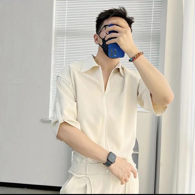 新款轻奢高级感短袖衬衫男夏季轻熟风冰丝薄款衬衣男士西裤套装|undefined