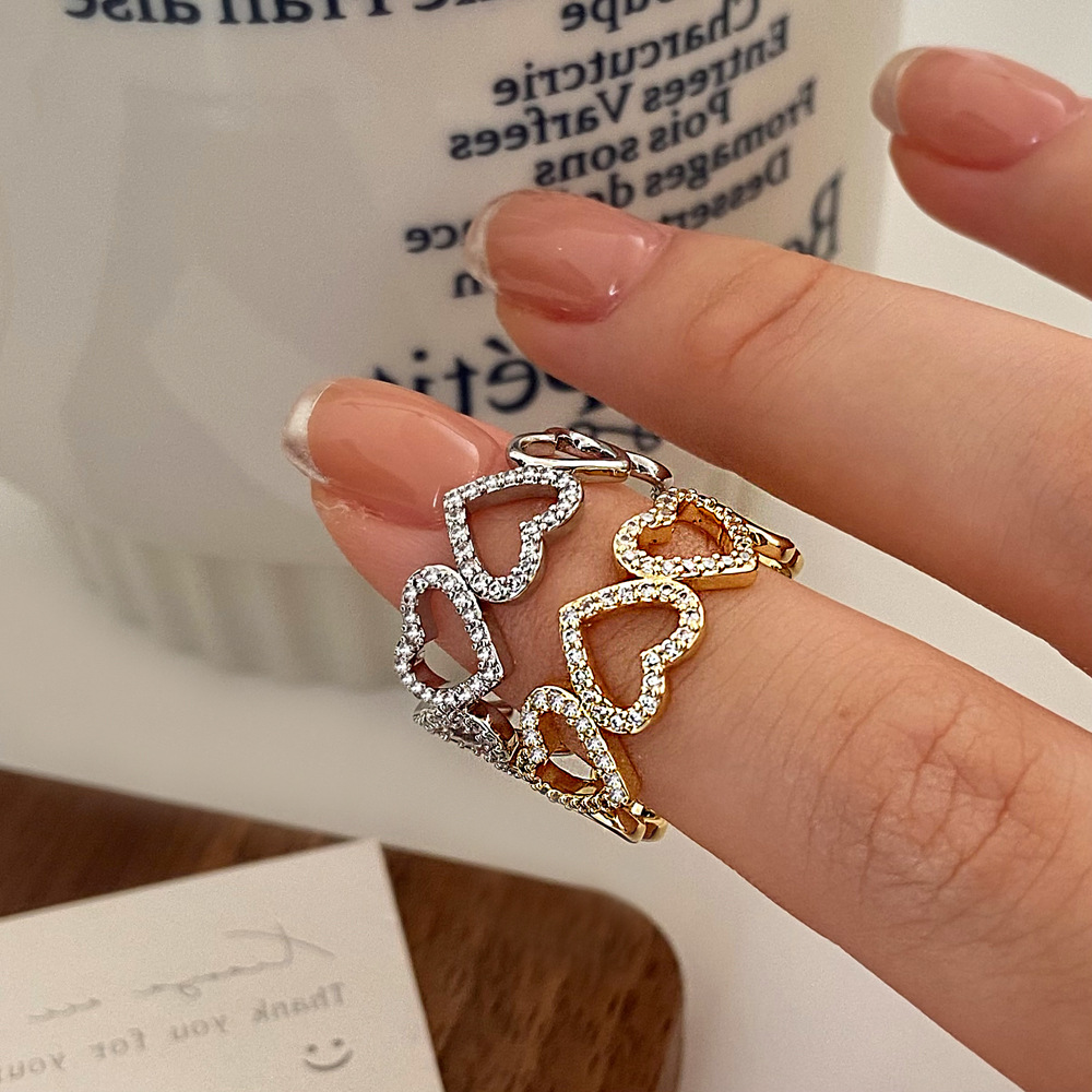 Heart Shape Pattern Sweet Heart Shape Copper Plating Hollow Out Inlay Zircon Open Rings 1 Piece
