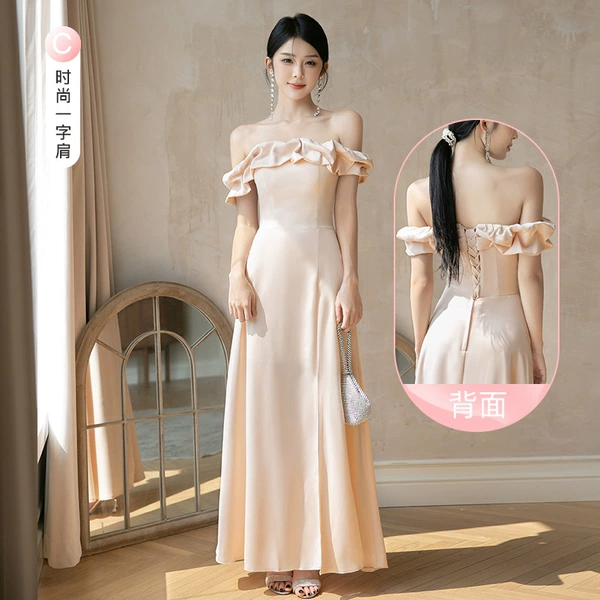 Long, champagne color, open shoulders