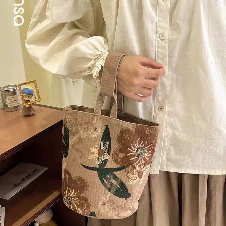 Tote Bag Guo Chaohua Mirror, glossy printed bucket tote, dark black or khaki