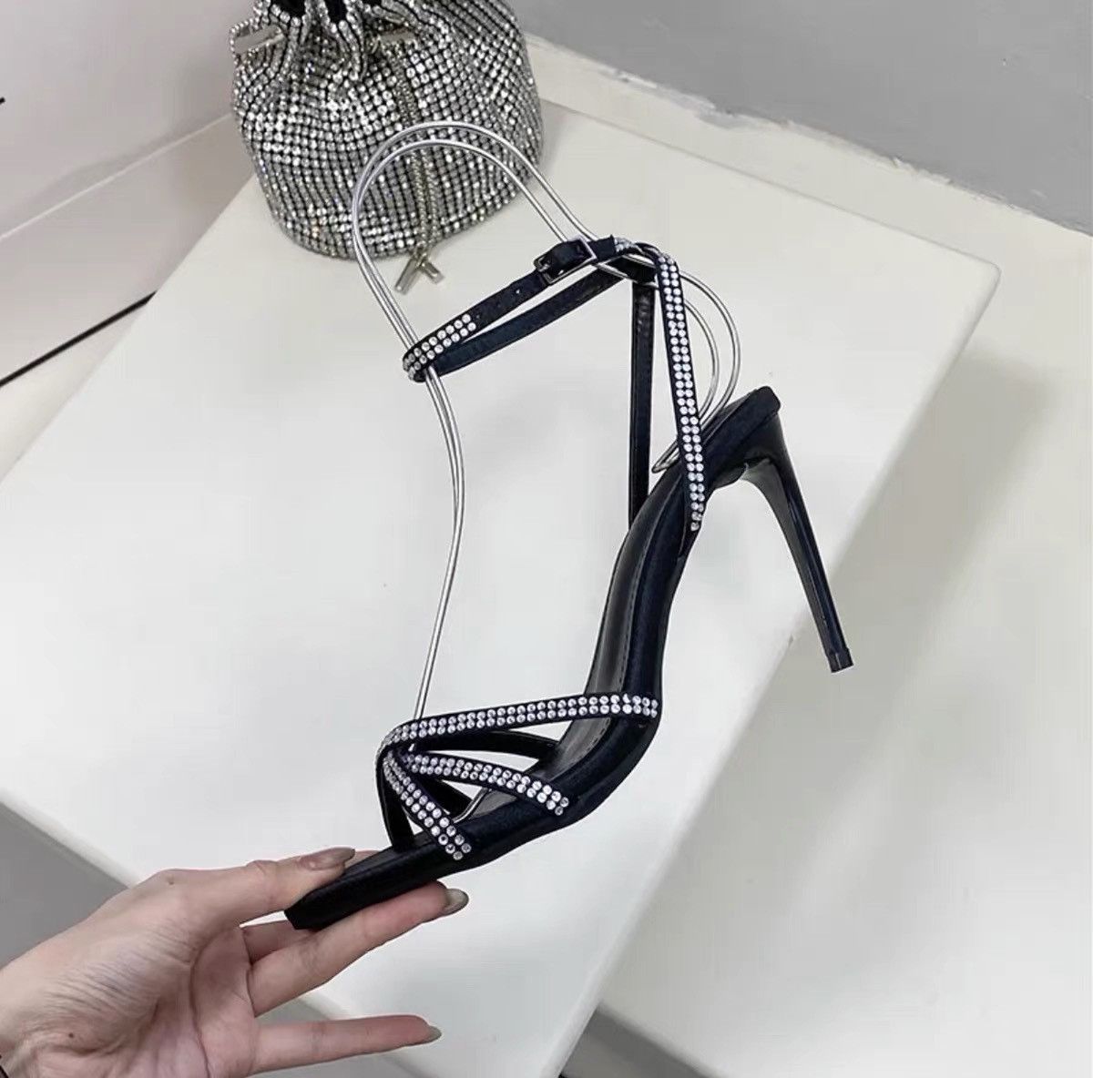 Summer Rhinestone Brown Stiletto Heels Women's Sexy Satin Open Toe Strappy Pointed Toe Sandals_voghion.com
