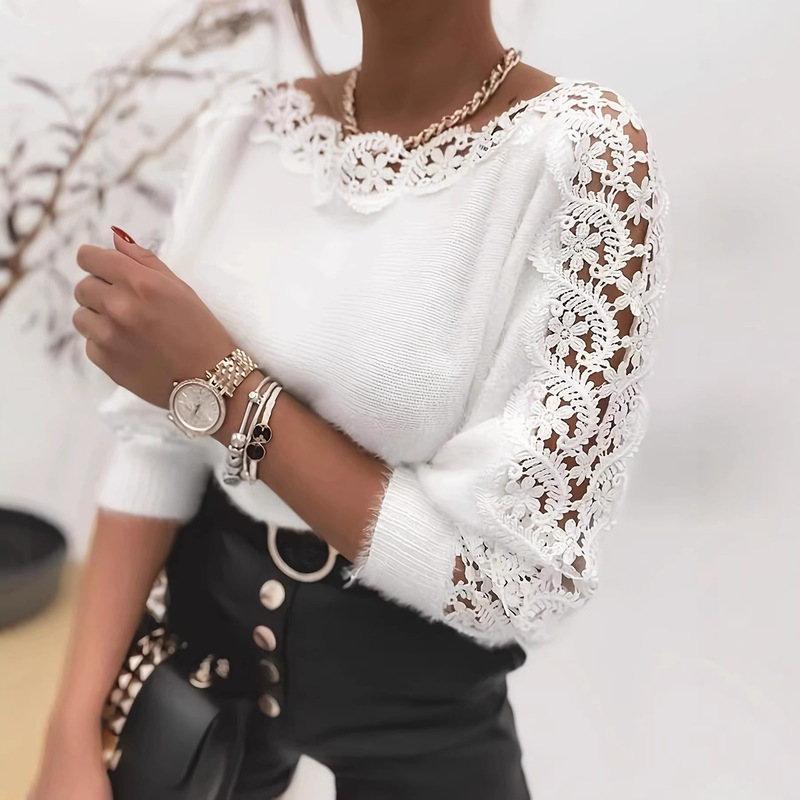 2025 New Sweater Cross-Border Hot Sale Lace Patchwork Women's Sweater Off-Shoulder Amazon Bestseller Factory Price Direct Sale 2025 New Sweater Cross-Border Hot Sale Lace Patchwork Women's Sweater Off-Shoulder Amazon Bestseller Factory Price Direct Sale