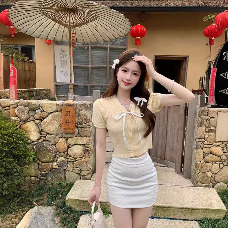 Sweet Style Lace-Up Thin Short-Sleeved Ice Silk Knitted Woolen Sweater T-Shirt Women's New Design Top Cardigan Jacket