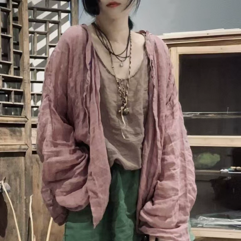 24/5 SN61 ретро сплошной цвет литературного льняного кардиган с длинными рукавами