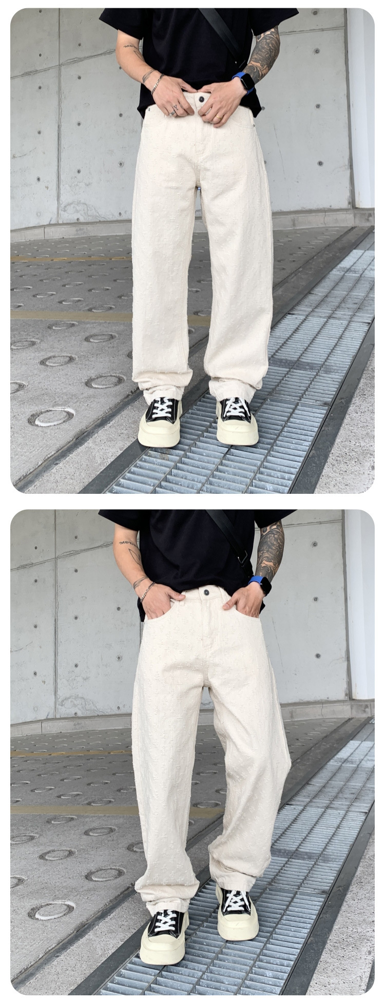 Herren Jeans Mit Jacquard Muster Weit Gerade Und Lässig Verwaschen_voghion.com