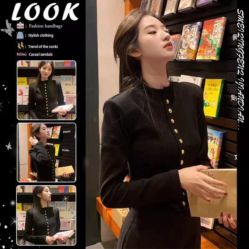 Черное маленькое ароматное пальто женское осеннее темперамент нишевый топ тонкое свитер с длинными рукавами короткий вязаный кардиган