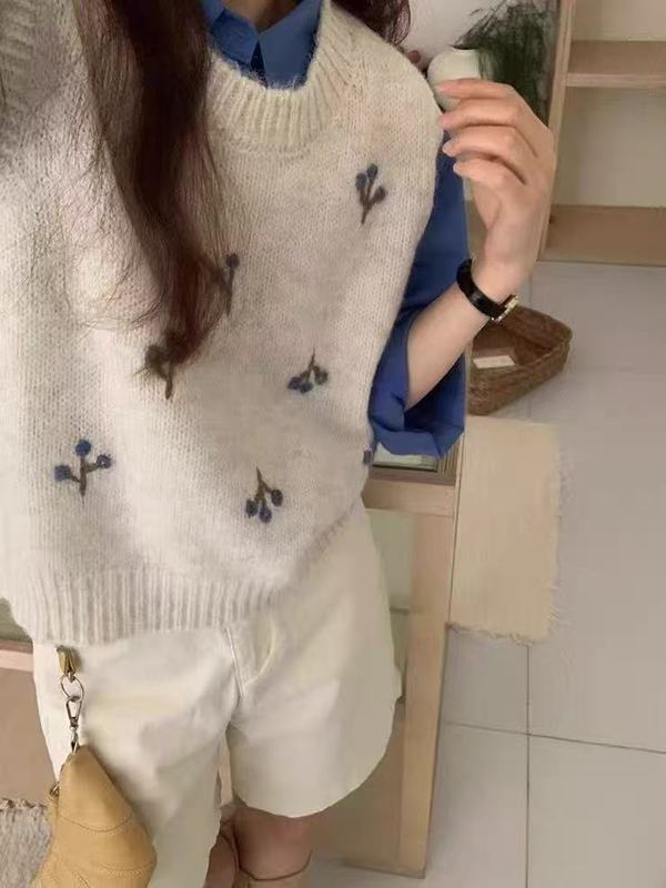 复古刺绣软糯毛衣马甲女套头宽松新款秋冬内搭叠穿针织背心上衣|undefined