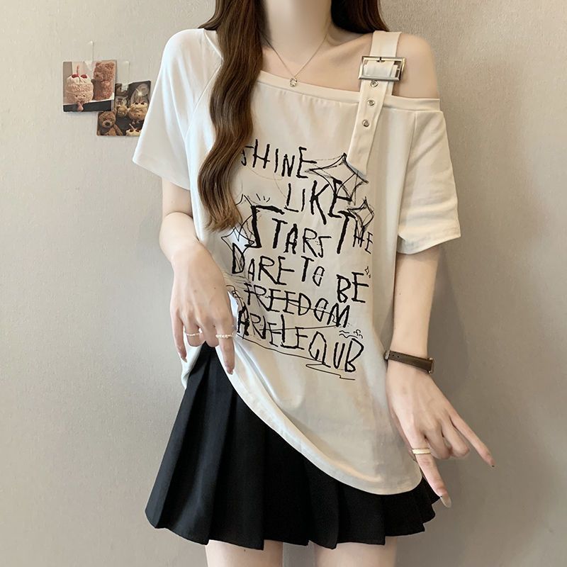 大きいサイズのアメリカンファッションオフショルダー半袖Tシャツ女性用夏の新しいスタイルファットmmルーズスリミングカバーアップカジュアルトップ女性用|undefined