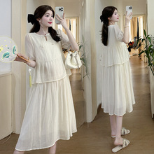 孕妇夏装连衣裙新款宽松假两件新中式遮肚雪纺白色长裙夏