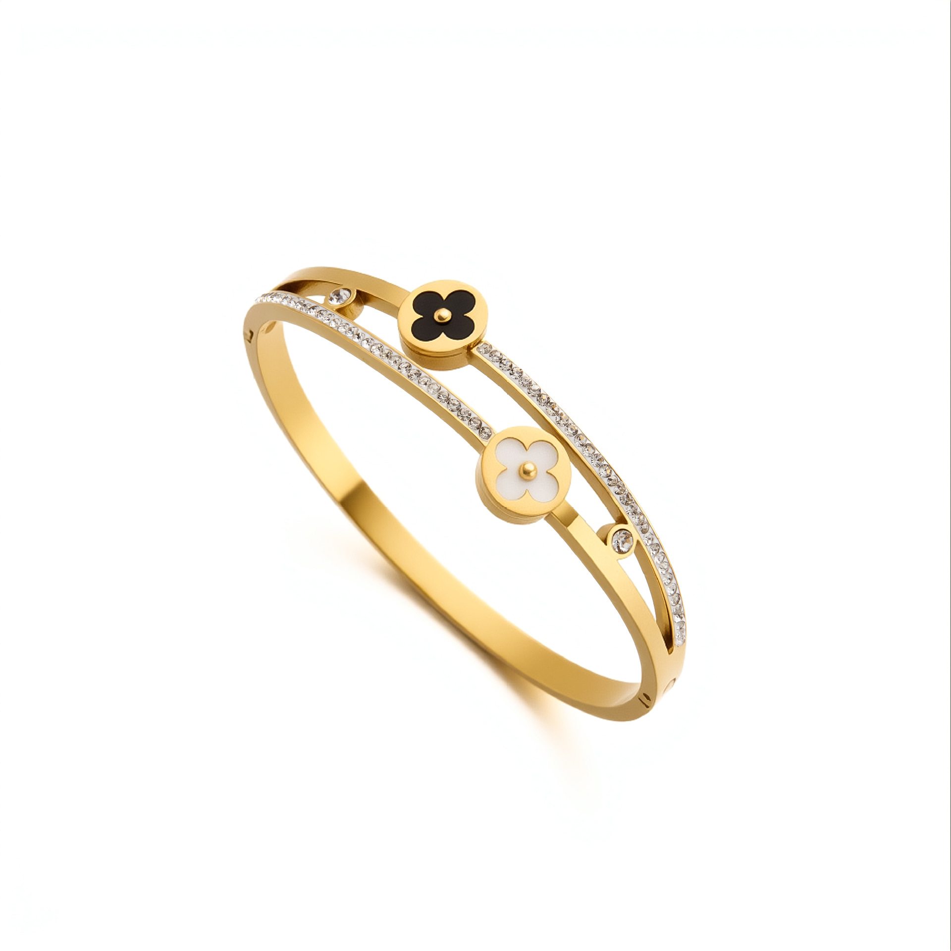 Moda coreana transfronteriza de titanio de acero blanco y negro de trébol de cuatro hojas pulsera femenina de concha blanca diamante 18k hebilla de oro pulsera joyería de mano