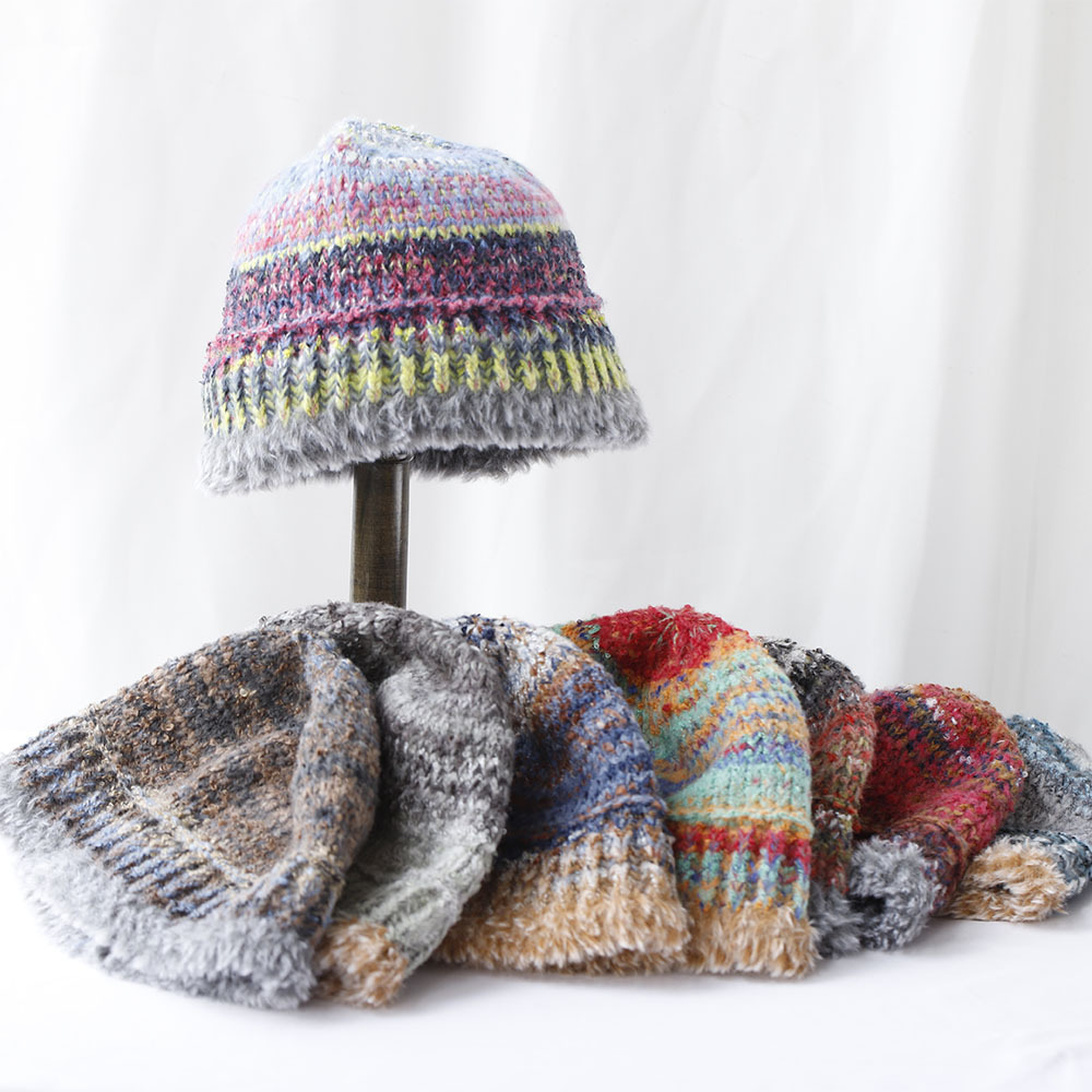 Niche Design Retro-Farbverlauf-Fransen-Strick-Bucket für Damen, Herbst und Winter, warmer Ohrenschutz, Gesichtsformer_voghion.com