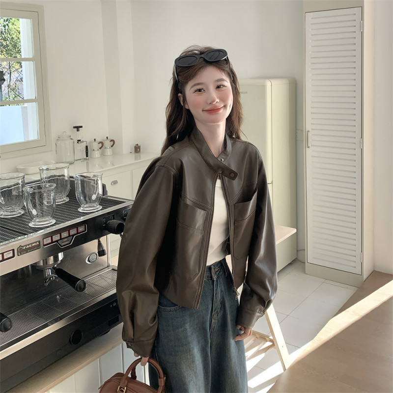 H8A咖啡色皮衣外套女春秋2025新款美式复古小个子pu皮夹克机车服|undefined