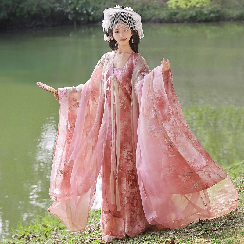 Original Hanfu for Women 2026 New Spring/Summer Pink Cherry Blossom Embroidery Large-Sleeved Shirt, Elegant and Slimming, Ancient Style, Super Fairy-Like Ancient Costume