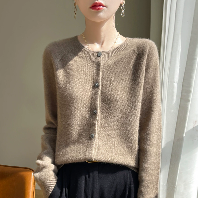 Вязаный кардиган, женский короткий свитер с круглым вырезом, однотонный готовый к ношению шерстяной свитер, осенне-зимняя новая женская одежда