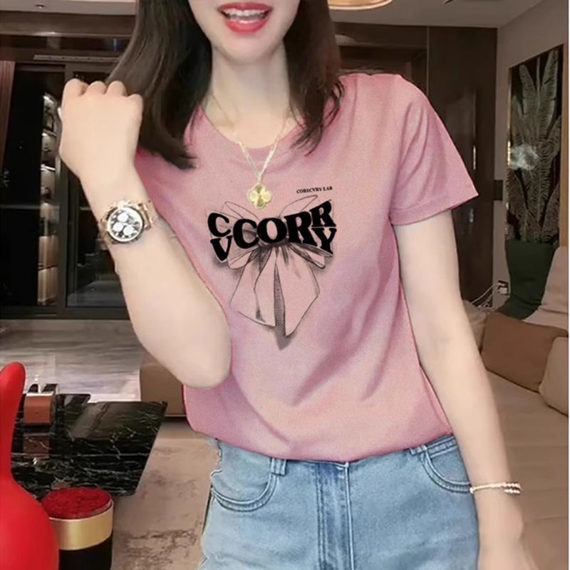 Summer Thin Loose French Style High-End Right Shoulder Round Neck Short-Sleeved T-Shirt Women's Slim Casual T-Shirt Pure Cotton Top