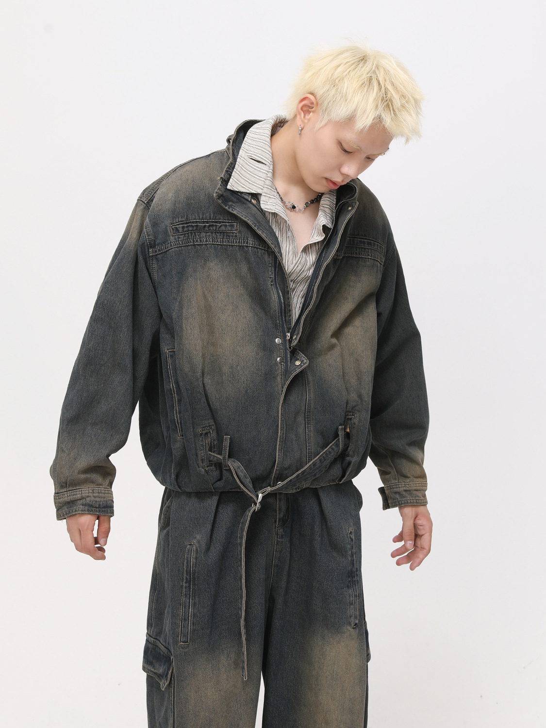 MTLCLOTHES Hombres| Calle retro hacer viejos bolsillos pesados sueltos versátiles moda vaquero conjunto de moda moda