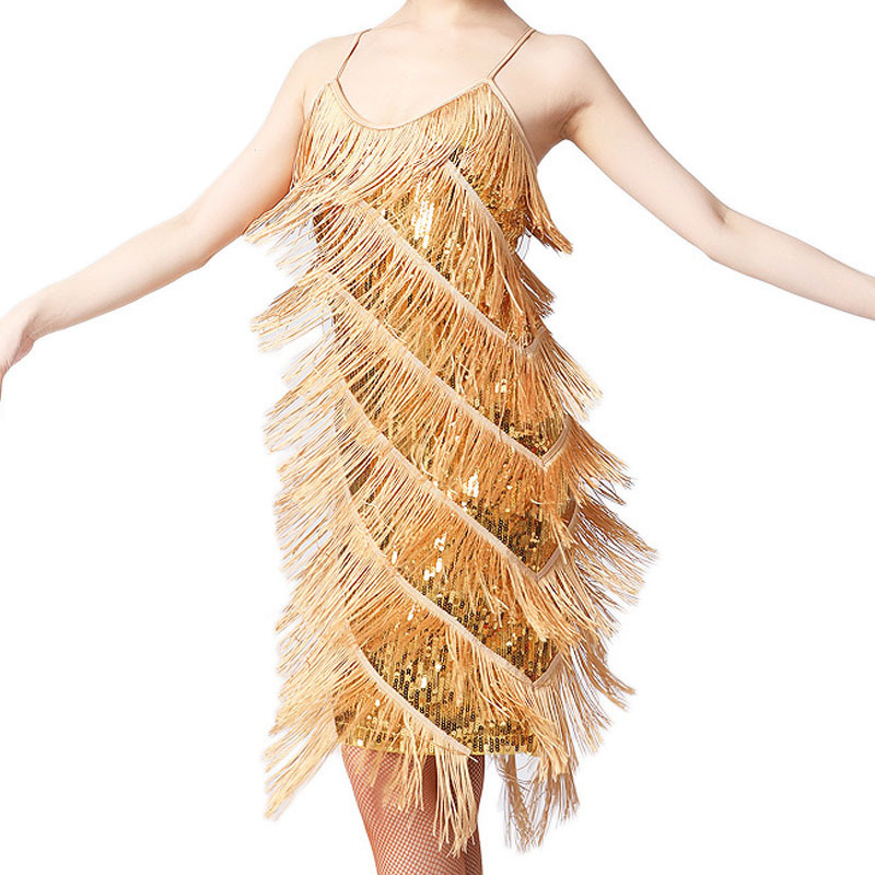 吊带亮片流苏裙V领连衣裙拉丁舞会舞裙舞蹈表演服舞台演出比赛服