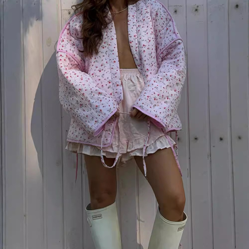Fall/winter 2024 Europe and the United States cross-border in stock pink sweet floral tie cotton-padded jacket V-neck horn sleeve cotton-padded jacket coat