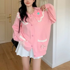 秋冬新款娃娃领立体花朵蝴蝶结甜美减龄毛衣女慵懒风针织开衫外套