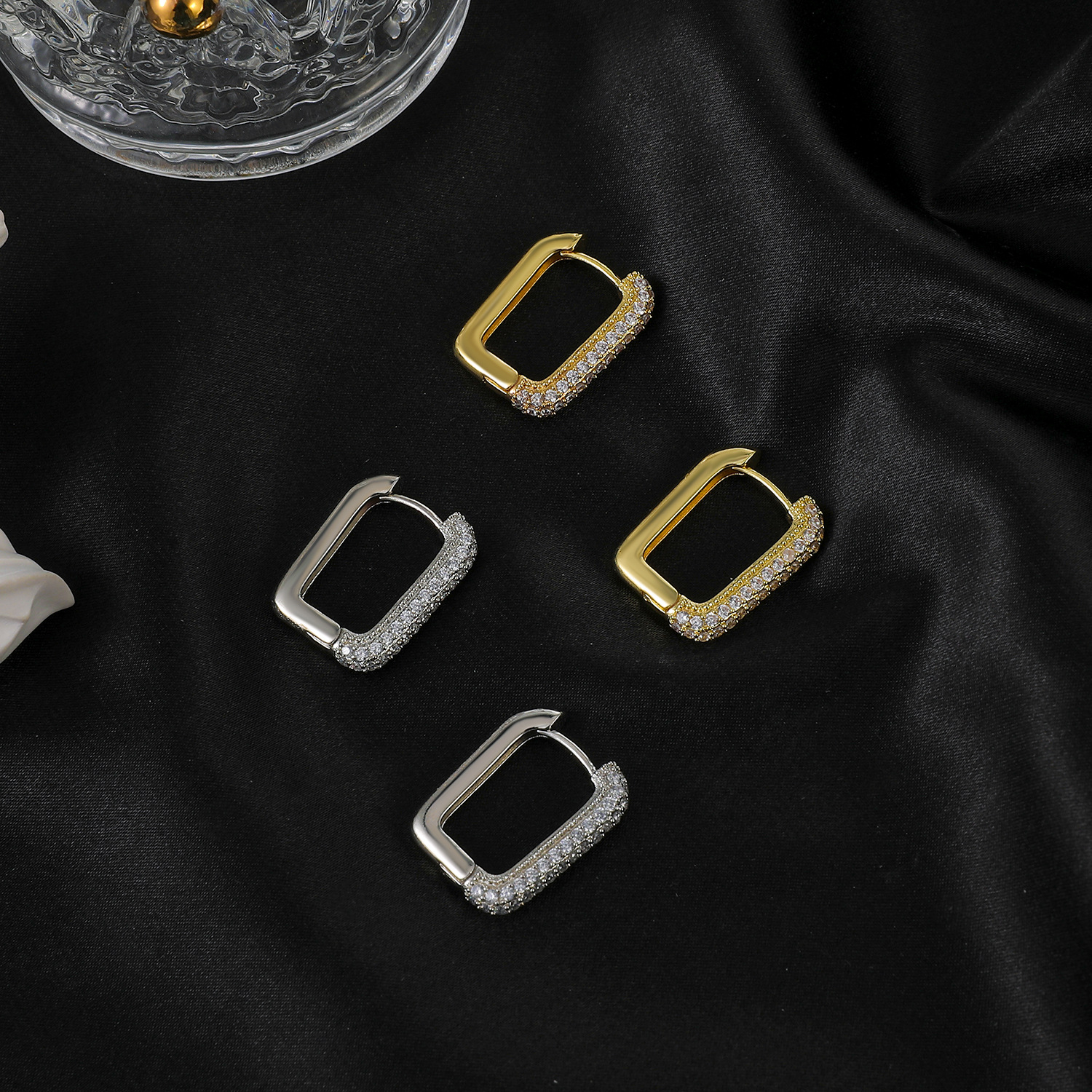 Copper Material Geometric Pattern Korean Copper Inlaid Zircon Square Ear Buckle Fashion Simple Geometric Earrings