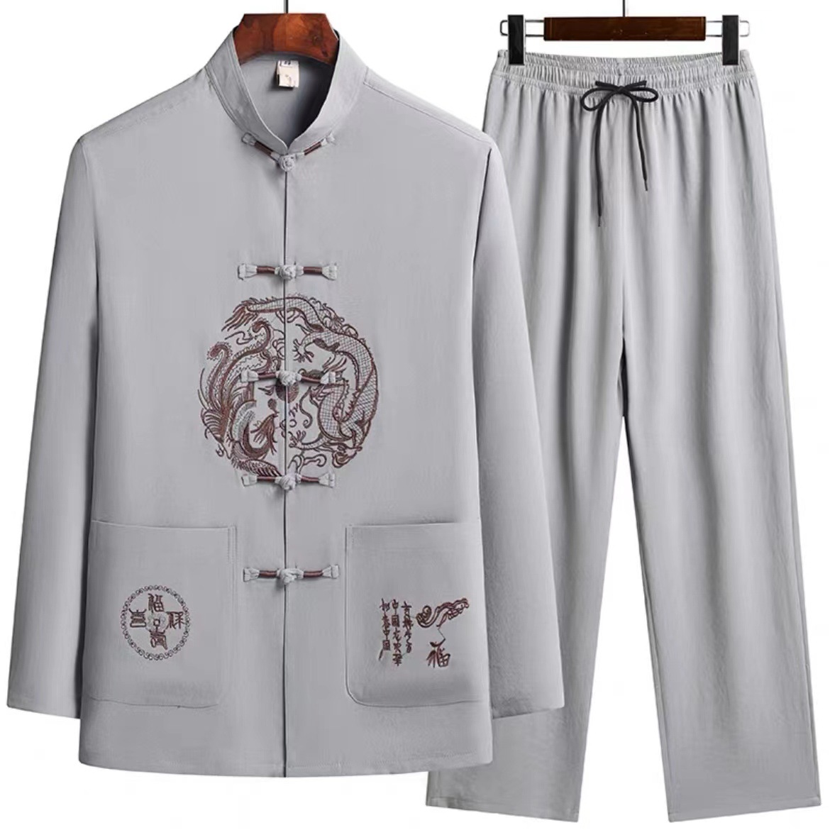 Chinese-style Tang suit for middle-aged and elderly men, summer set, father's and grandfather's outfits, morning exercise, Chinese-style knot buttons, elegant solid color embroidery.