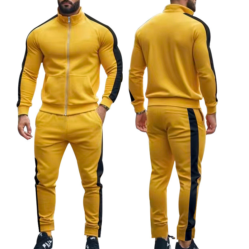 Traje de dos piezas de otoño e invierno de manga larga para hombre transfronterizo de Amazon, chaqueta deportiva casual con cuello alto en contraste, suéter, traje de hombre