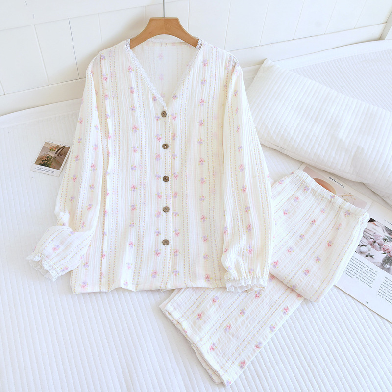 100kg Pure Cotton Crepe Maternity Pajamas Double-Layer Cotton Gauze Maternity Sleepwear Spring and Autumn Long-Sleeved Long Pants Nursing Clothes Plus Size