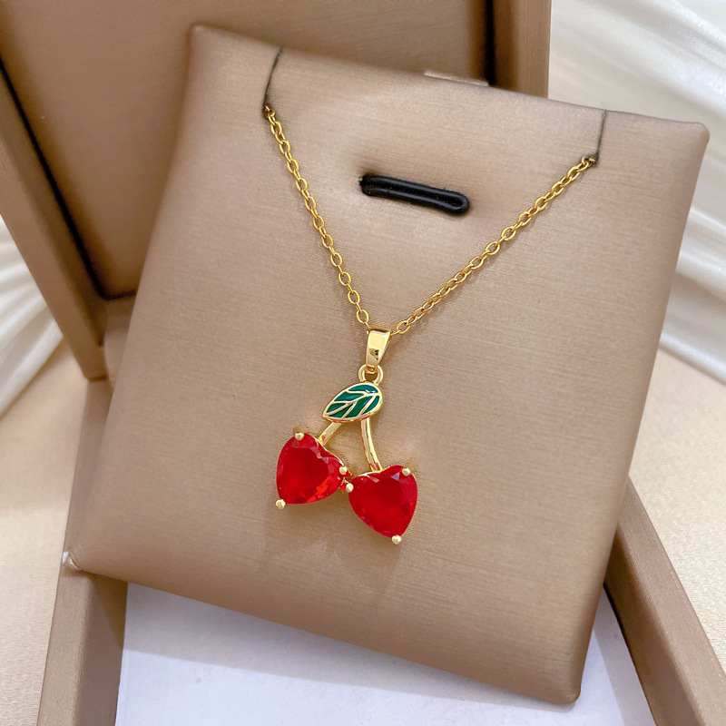 Elegant Red Cherry Necklace In Titanium Steel With Full Diamonds_voghion.com