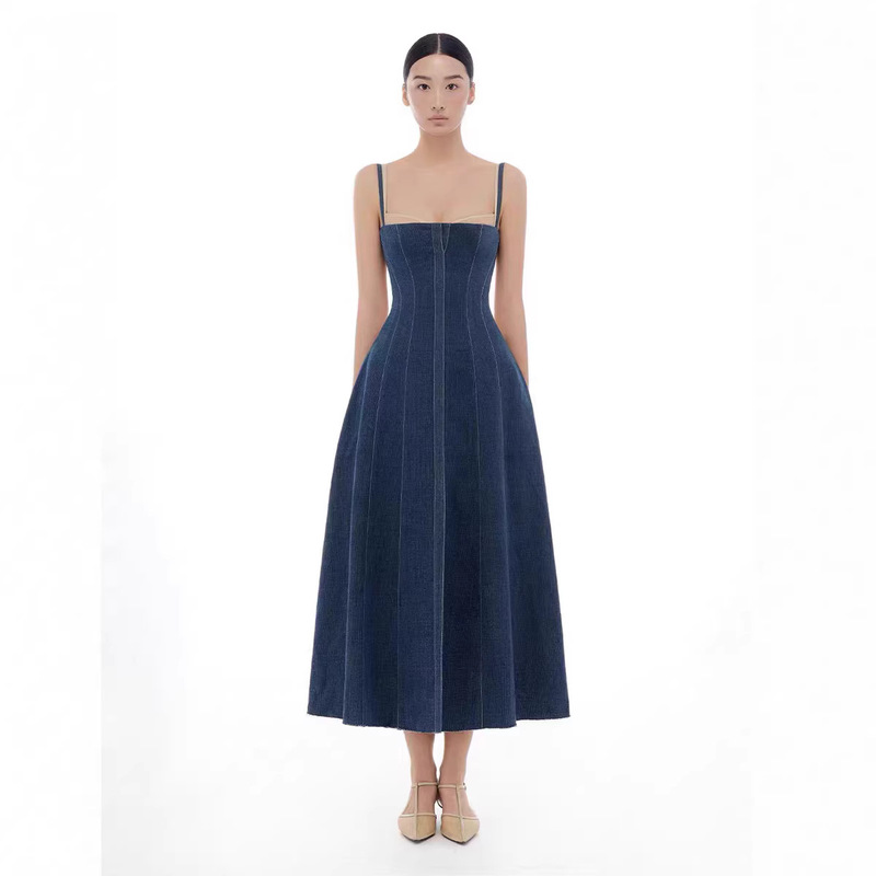 In-Stock Vietnamese Niche Design Fishbone Patchwork Denim Suspender Long Dress, Elegant and Slimming Dress 50102 In-Stock Vietnamese Niche Design Fishbone Patchwork Denim Suspender Long Dress, Elegant and Slimming Dress 50102