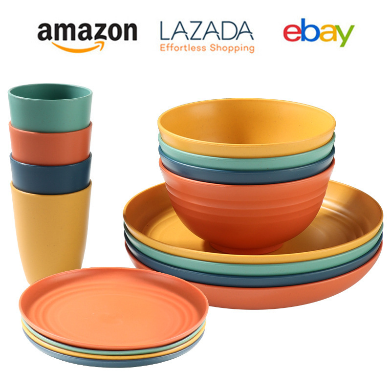 16-Piece Set, 32-Piece Set Kitchen Wheat Straw Plastic Tableware Set, Unbreakable Bowls, Plates, and Cups, Suitable for Apartment Households