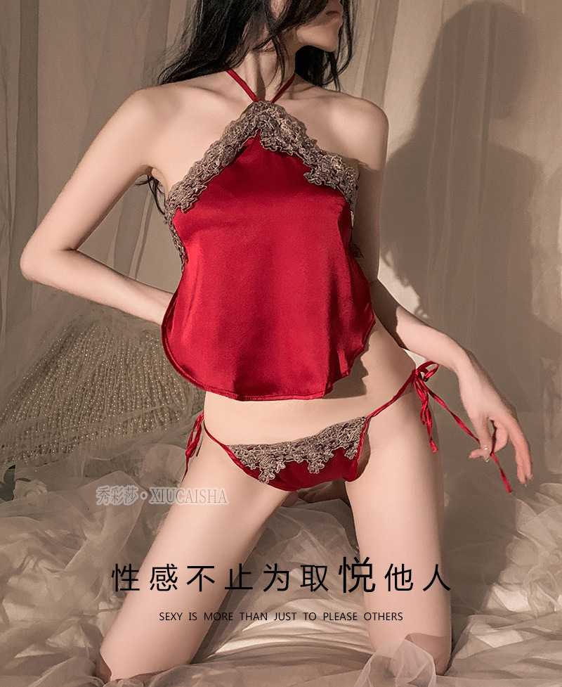 Retro Lace-up Bellyband Pajama Set with Matching Briefs, Wine Red Polyester — detail image 2