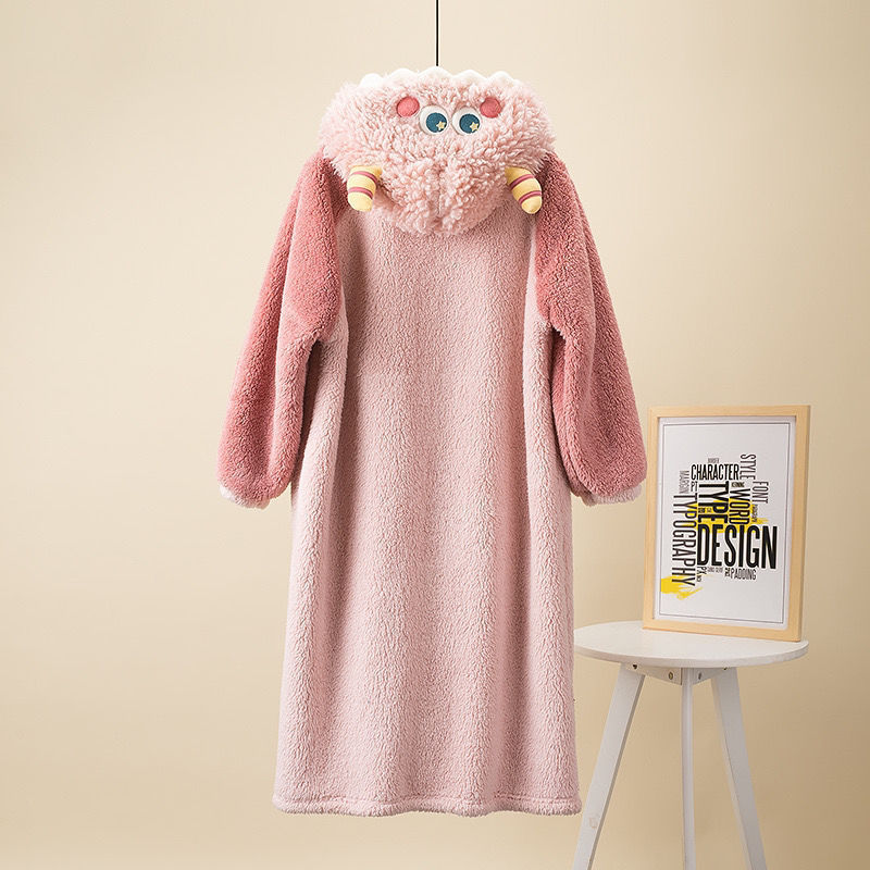 Cozy Couple's Coral Fleece Pajama Set with Hooded Robe, Cartoon Sleep Dress for Women, Adorable Bath Robe, Couple's Home Wear for Autumn and Winter