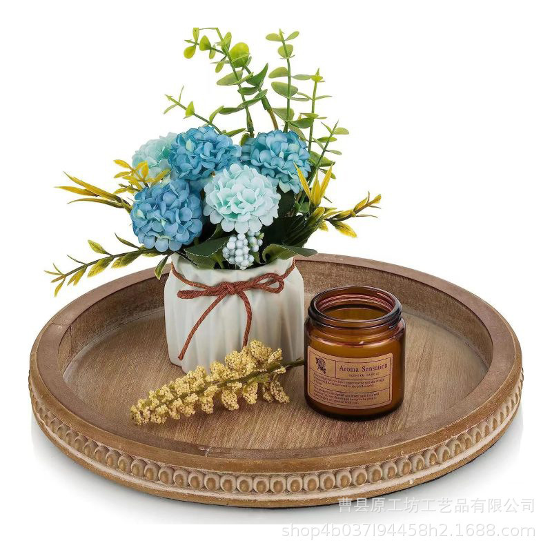 Retro Style Wooden Bead Tray American Country Tung Wood Tea Tray Cafe Round Display Tray Aromatherapy Candle Storage Tray