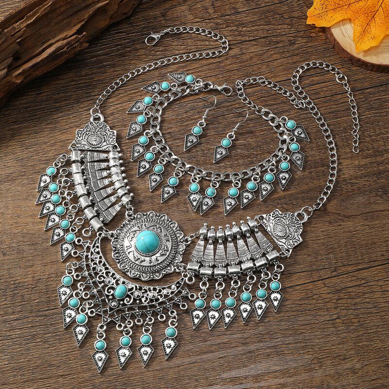 Three-piece Xizang ethnic style European and American retro tassel necklace earrings bracelet sweater chain clavicle chain suit