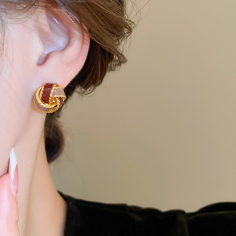 Silver Needle Oil Dropping Fried Dough Twists Cross Round Earrings Female Personality Earrings Temperament Earrings Small And High_voghion.com