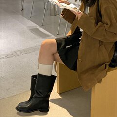 羊皮版~韩系真皮宽筒厚底马丁靴女翻折中筒靴粗跟短靴踝靴骑士靴