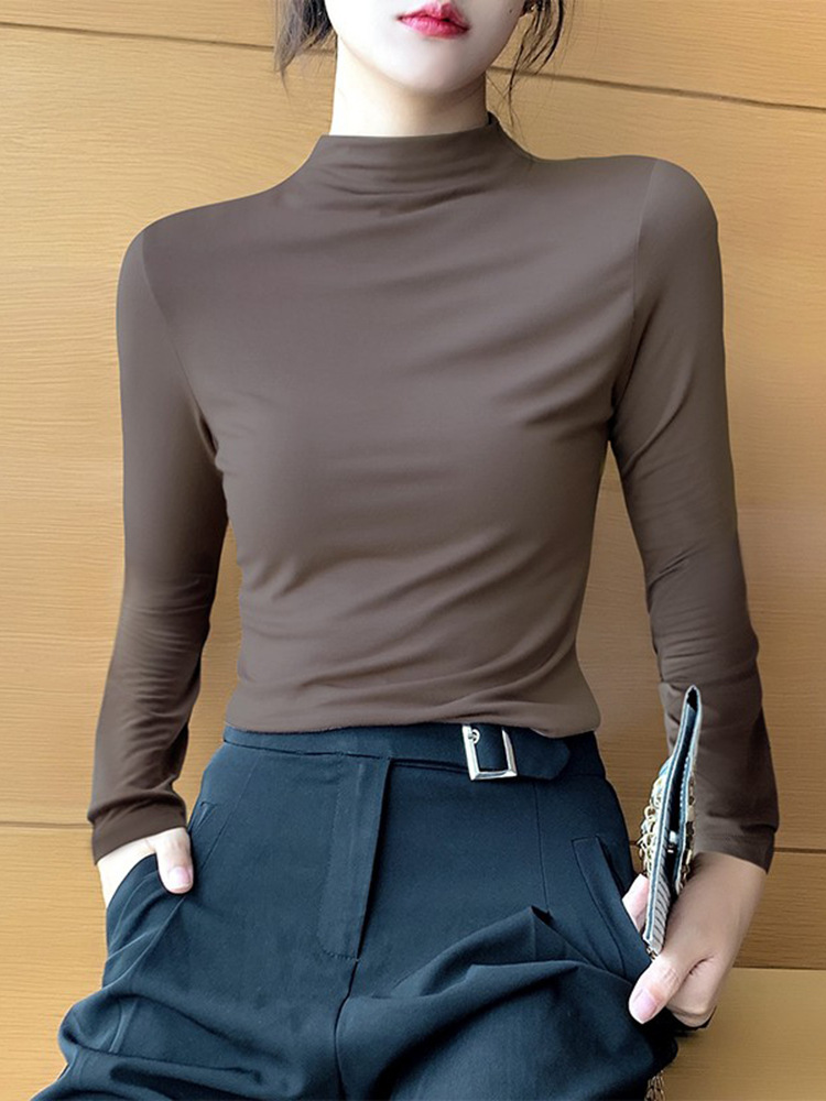 秋冬气质半高领莫代尔打底衫女秋 加绒女式修身长袖高领内搭上衣