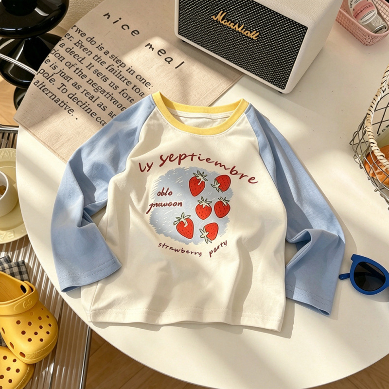 Color-blocked cartoon berry letter print pure cotton long-sleeved T-shirt, autumn Korean style, versatile round neck, color-blocked children's top