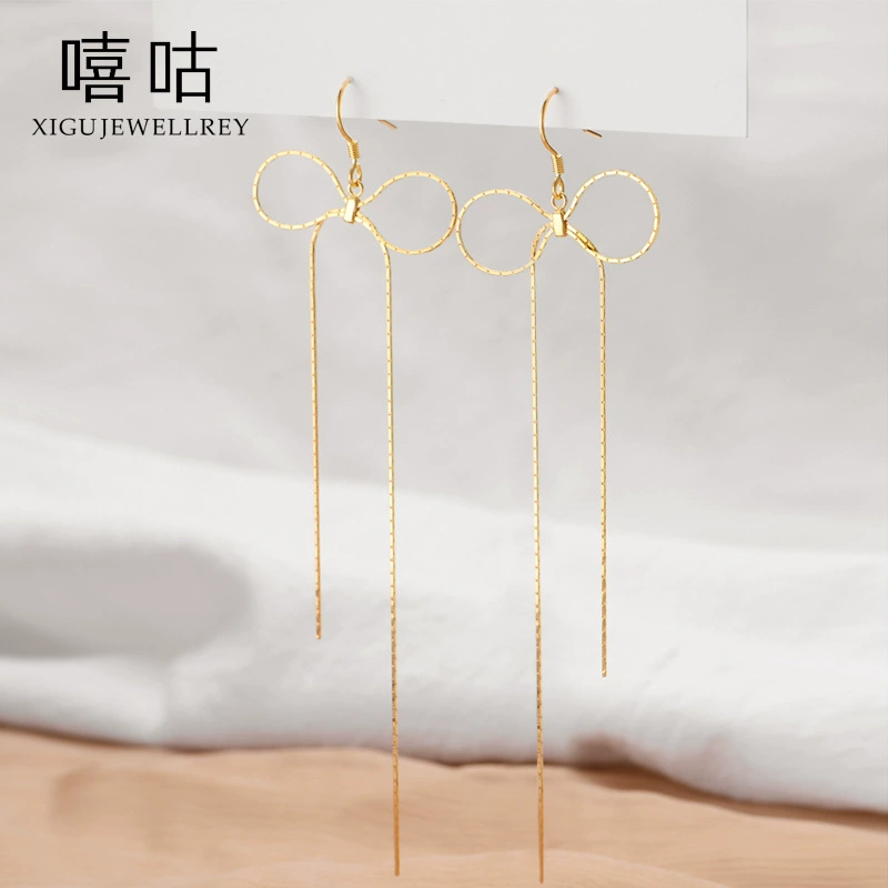 Длинные милые серьги с бантом и кисточками, серебро 925 пробы, простой и элегантный дизайн