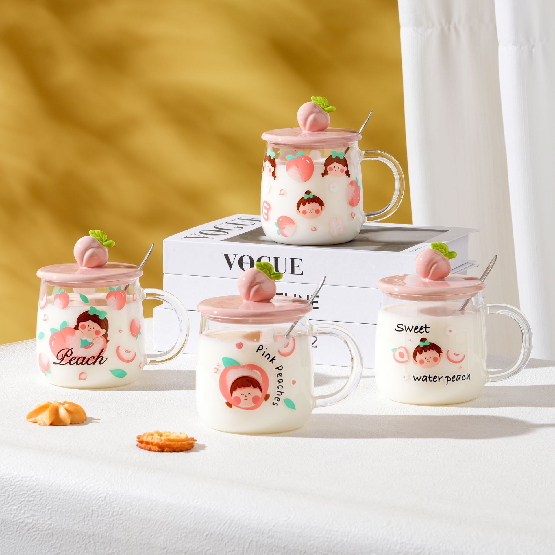 Creativa Rosa Melocotón Chica de vidrio con tapa cuchara regalo personalizado taza de agua estudiante taza de café taza de alta apariencia
