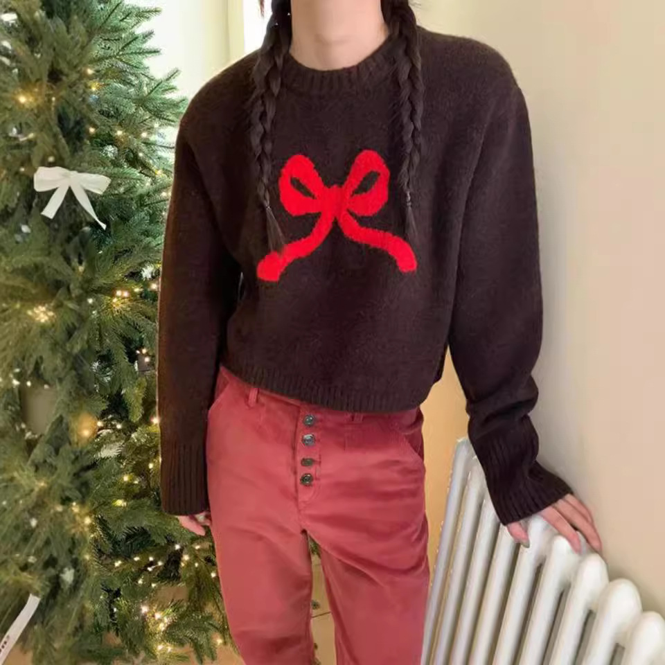 (2개) 2024 가을 새 한국 디자이너 귀여운 가리 활 크루 넥 니트 짧은 긴 소매 스웨터