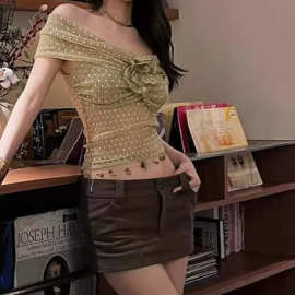 辣妹性感露肩波点透视花朵上衣夏季显瘦短款恤女无袖常规款纱网