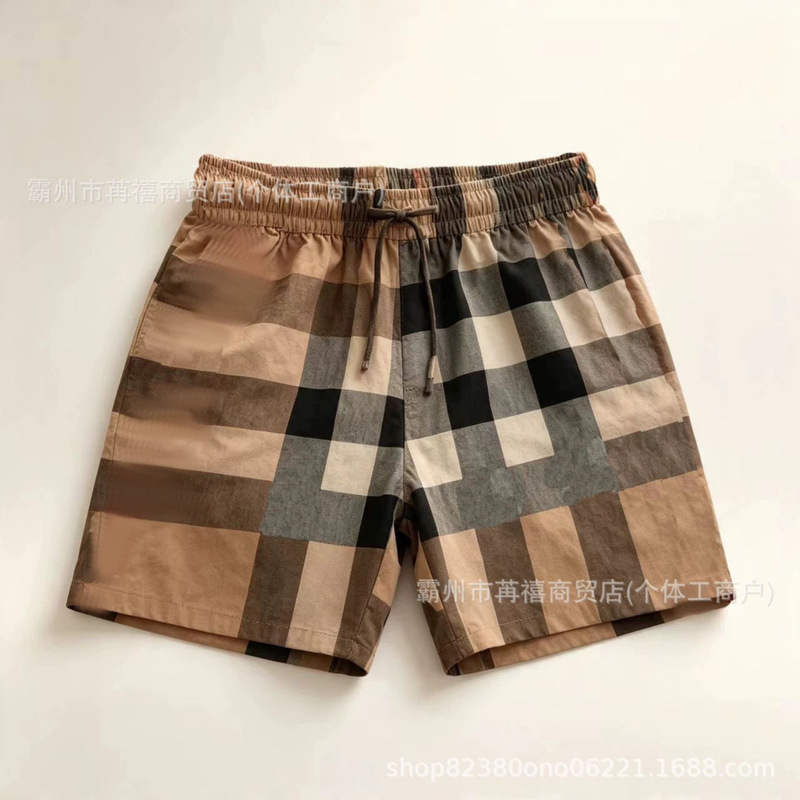 Cross-border high-quality in-stock cotton classic large plaid casual beach shorts with pockets, summer breathable men's shorts BB